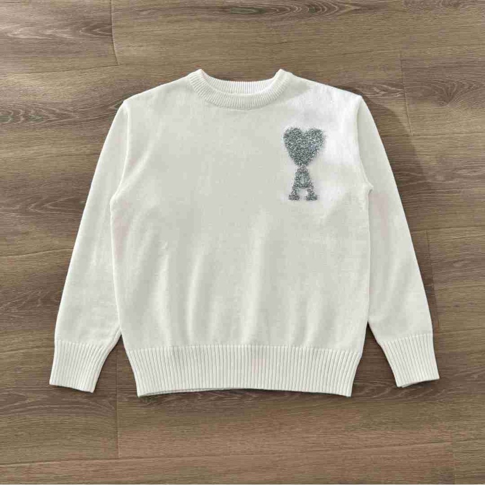 Ami White Crewneck Sweater with Gray Heart Logo